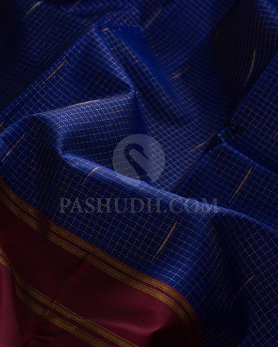 ROYAL BLUE, OLIVE GREEN  AND MAROON  KANJIVARAM SILK SAREE WITH  VAIRA OOSI  CHECKS- RS1