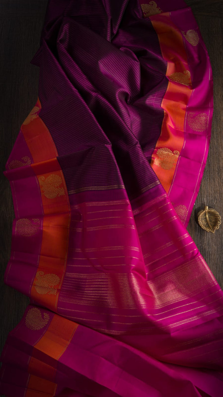 PURPLE ,ORANGE  AND RANI PINK KANJIVARAM SILK SAREE WITH GOLD JARI VAIRA OOSI - RB5