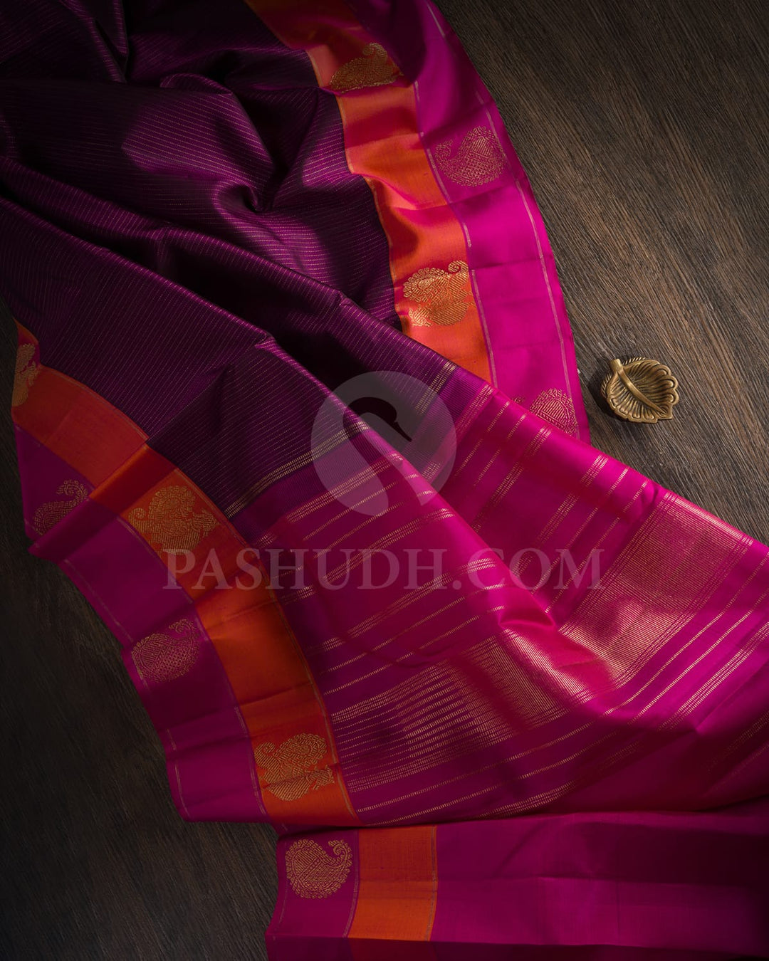 PURPLE ,ORANGE  AND RANI PINK KANJIVARAM SILK SAREE WITH GOLD JARI VAIRA OOSI - RB5