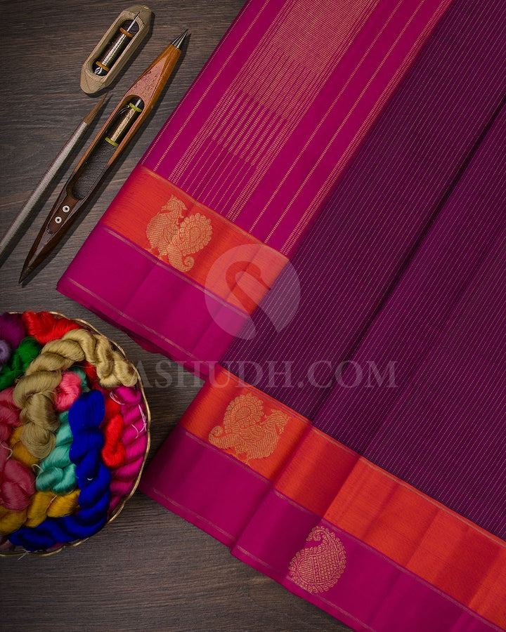 PURPLE ,ORANGE  AND RANI PINK KANJIVARAM SILK SAREE WITH GOLD JARI VAIRA OOSI - RB5