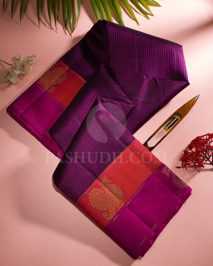 PURPLE ,ORANGE  AND RANI PINK KANJIVARAM SILK SAREE WITH GOLD JARI VAIRA OOSI - RB5