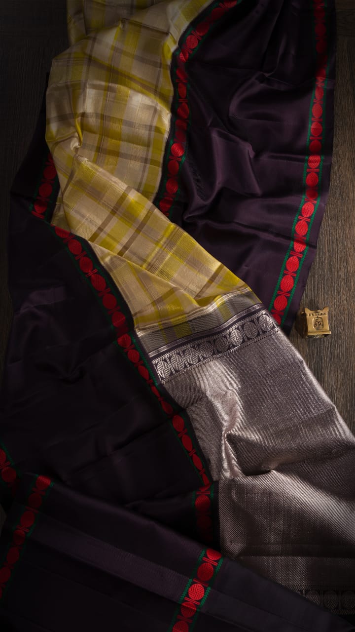 HALF WHITE , PEAR GREEN & AUBERGINE  KANJIVARAM SILK SAREE -S1163(E)