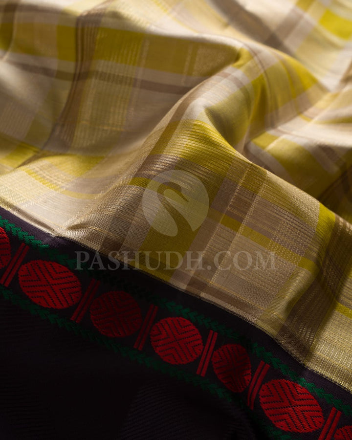 HALF WHITE , PEAR GREEN & AUBERGINE  KANJIVARAM SILK SAREE -S1163(E)