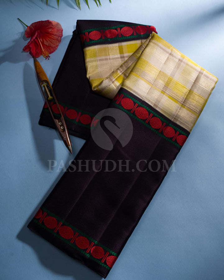 HALF WHITE , PEAR GREEN & AUBERGINE  KANJIVARAM SILK SAREE -S1163(E)
