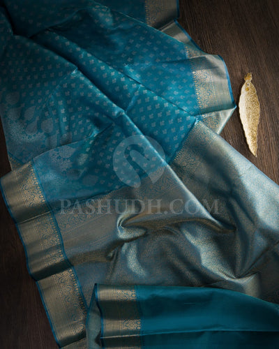 STEEL BLUE KANJIVARAM SILK SAREE WITH SILVER ZARI  FLORAL MOTIFS AND GOLD ZARI  BORDER -D619(A)