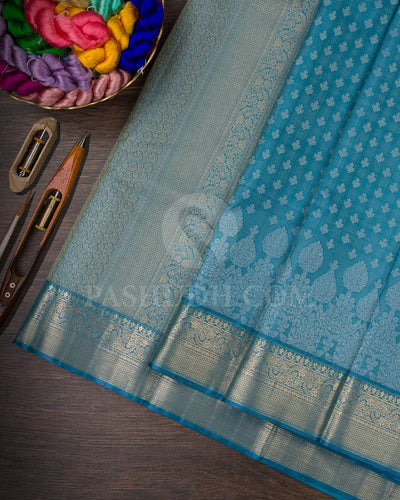 STEEL BLUE KANJIVARAM SILK SAREE WITH SILVER ZARI  FLORAL MOTIFS AND GOLD ZARI  BORDER -D619(A)