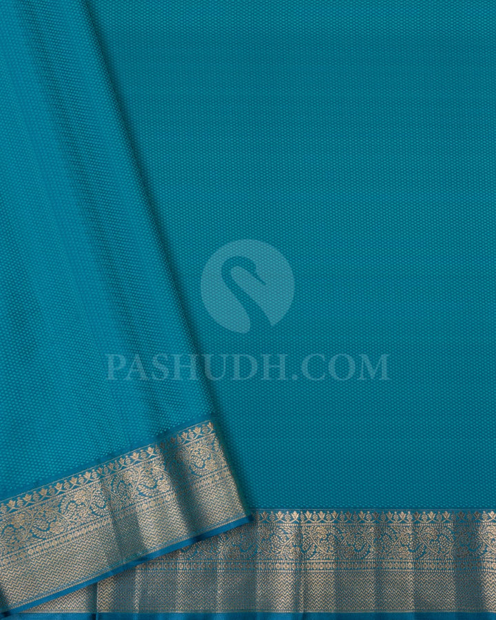 STEEL BLUE KANJIVARAM SILK SAREE WITH SILVER ZARI  FLORAL MOTIFS AND GOLD ZARI  BORDER -D619(A)