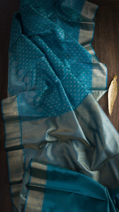 STEEL BLUE KANJIVARAM SILK SAREE WITH SILVER ZARI  FLORAL MOTIFS AND GOLD ZARI  BORDER -D619(A)