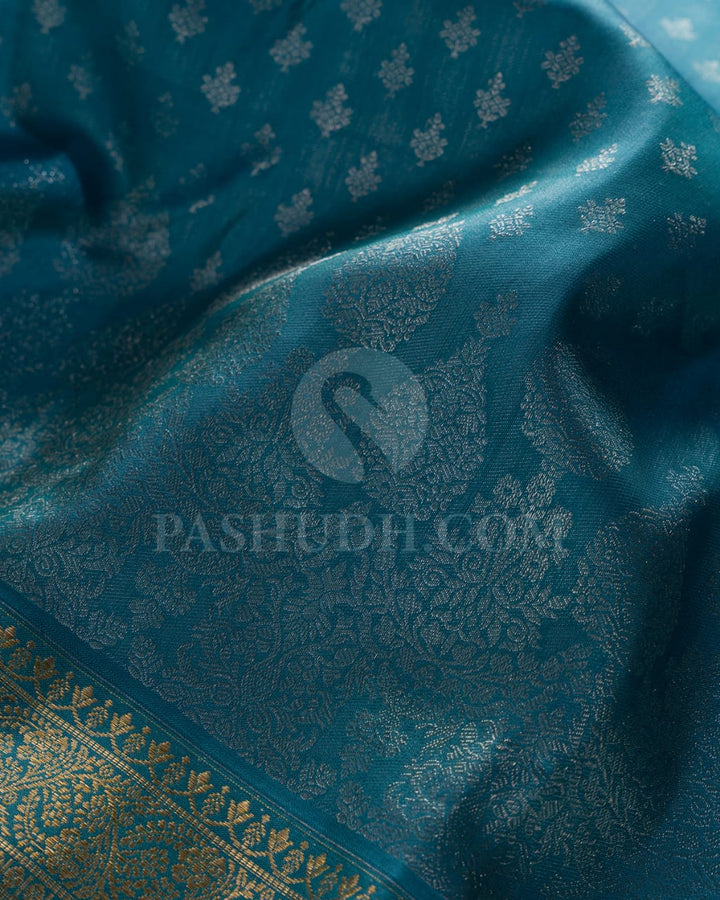 STEEL BLUE KANJIVARAM SILK SAREE WITH SILVER ZARI  FLORAL MOTIFS AND GOLD ZARI  BORDER -D619(A)