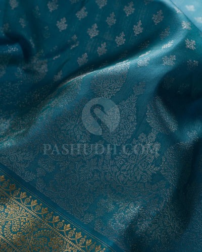 STEEL BLUE KANJIVARAM SILK SAREE WITH SILVER ZARI  FLORAL MOTIFS AND GOLD ZARI  BORDER -D619(A)