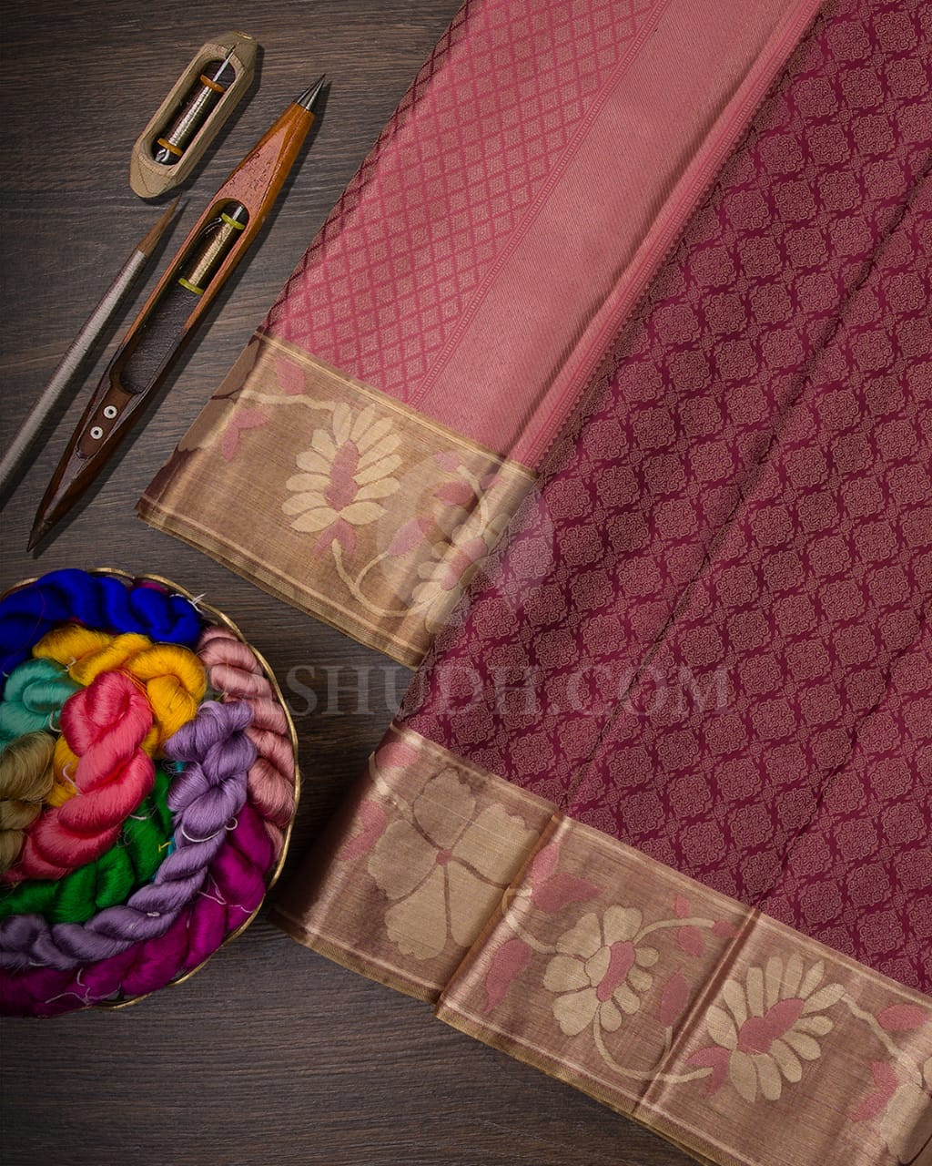 RICH BURGUNDY KANJIVARAM SILK SAREE WITH ZARI BUTTAS  - D614(A)