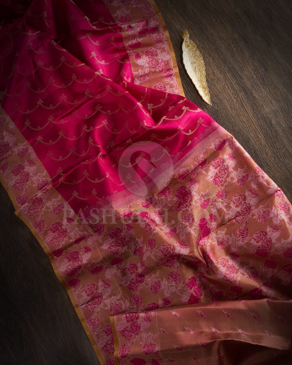 ROUGE PINK WITH  GOLDEN BEIGE  KANJIVARAM SILK SAREE - DJ351(C)