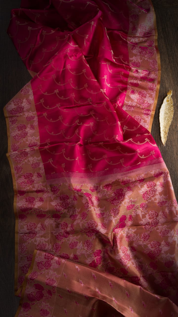 ROUGE PINK WITH  GOLDEN BEIGE  KANJIVARAM SILK SAREE - DJ351(C)