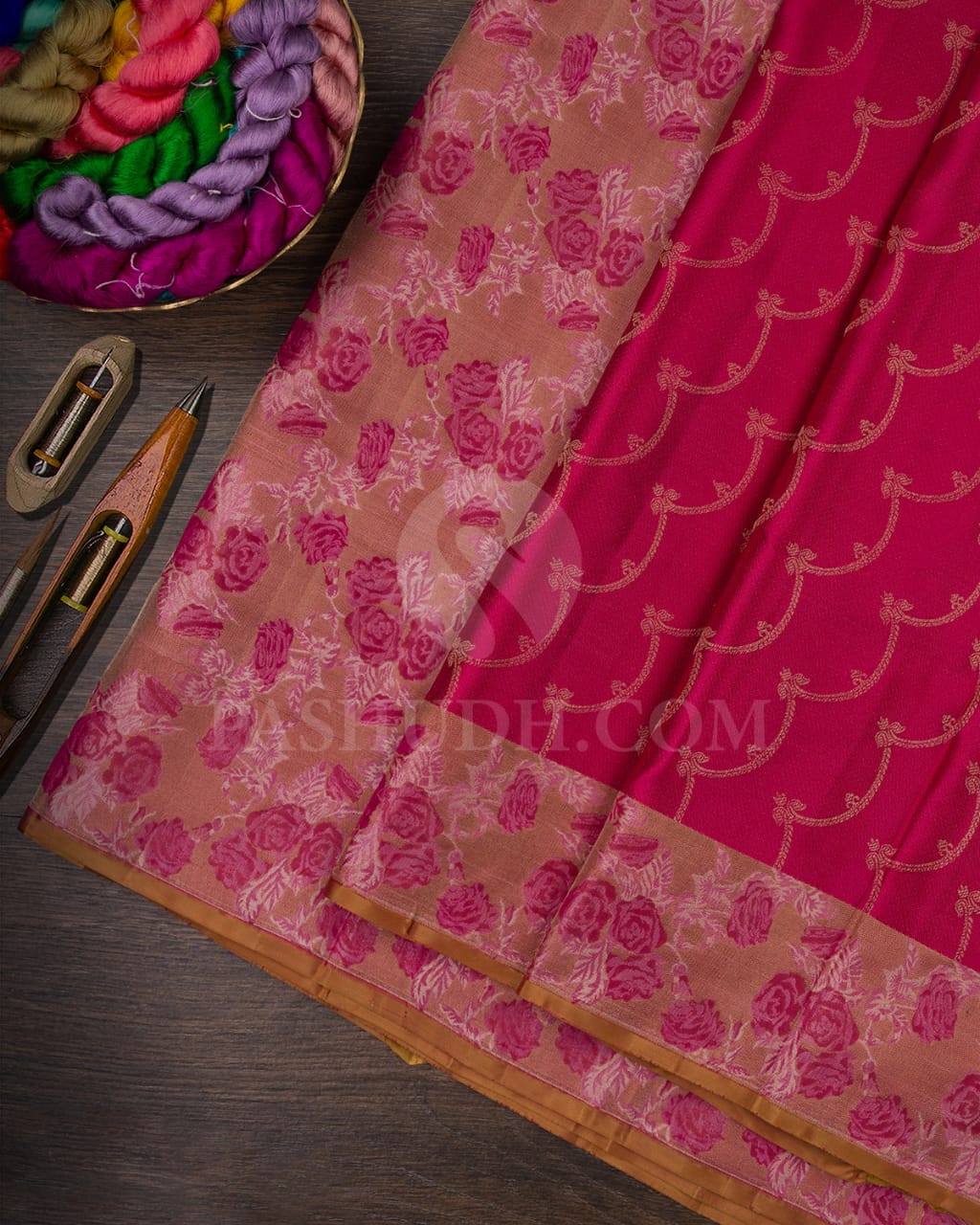 ROUGE PINK WITH  GOLDEN BEIGE  KANJIVARAM SILK SAREE - DJ351(C)