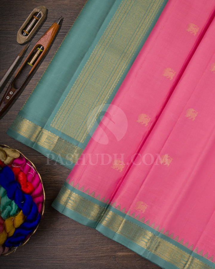 CANDY PINK &TEAL KANJIVARAM SILK SAREE WITH YANAI YAZHI MOTIFS - RM8