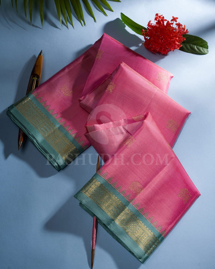 CANDY PINK &TEAL KANJIVARAM SILK SAREE WITH YANAI YAZHI MOTIFS - RM8