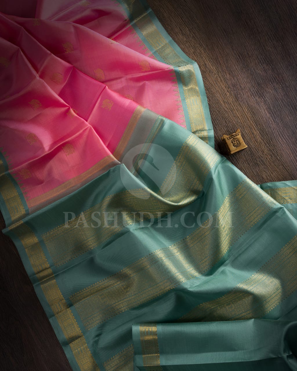 CANDY PINK &TEAL KANJIVARAM SILK SAREE WITH YANAI YAZHI MOTIFS - RM8