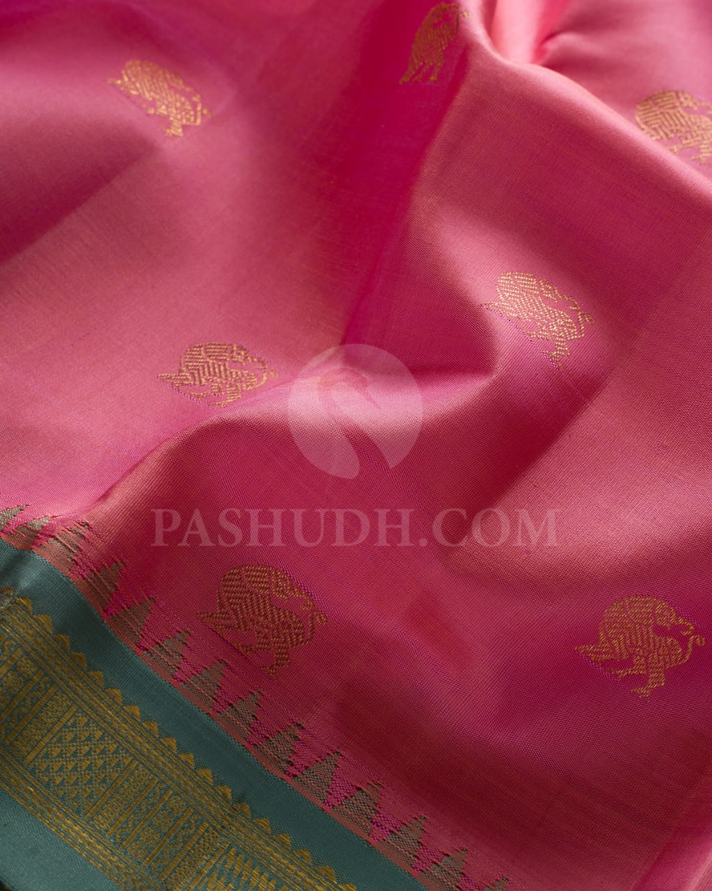 CANDY PINK &TEAL KANJIVARAM SILK SAREE WITH YANAI YAZHI MOTIFS - RM8