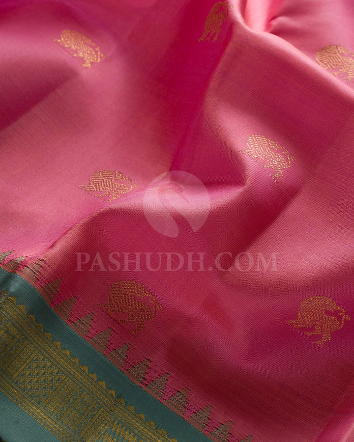 CANDY PINK &TEAL KANJIVARAM SILK SAREE WITH YANAI YAZHI MOTIFS - RM8