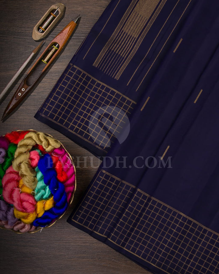 REGAL NAVY BLUE  KANJIVARAM SILK SAREE WITH CLASSIC KATTAM BORDER  - RB3