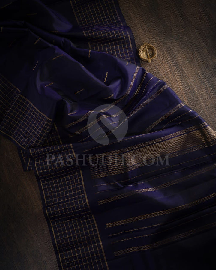 REGAL NAVY BLUE  KANJIVARAM SILK SAREE WITH CLASSIC KATTAM BORDER  - RB3