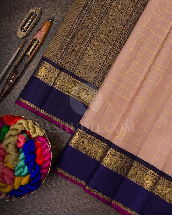 PINKISH BEIGE  & NAVY BLUE KANJIVARAM SILK SAREE- RV6
