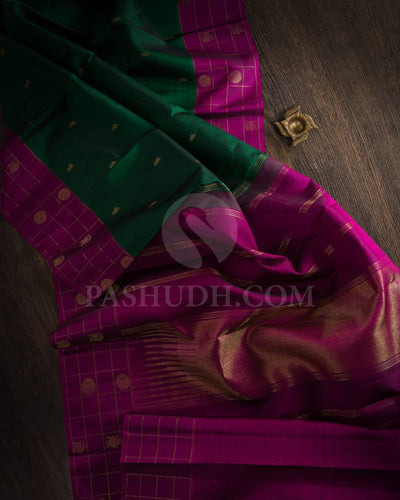 Bottle Green & Magenta Kanjivaram Silk Saree With Yazhi and Rudhraksh Motifs - RM1