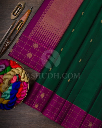 Bottle Green & Magenta Kanjivaram Silk Saree With Yazhi and Rudhraksh Motifs - RM1