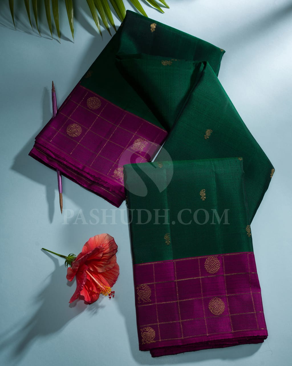 Bottle Green & Magenta Kanjivaram Silk Saree With Yazhi and Rudhraksh Motifs - RM1