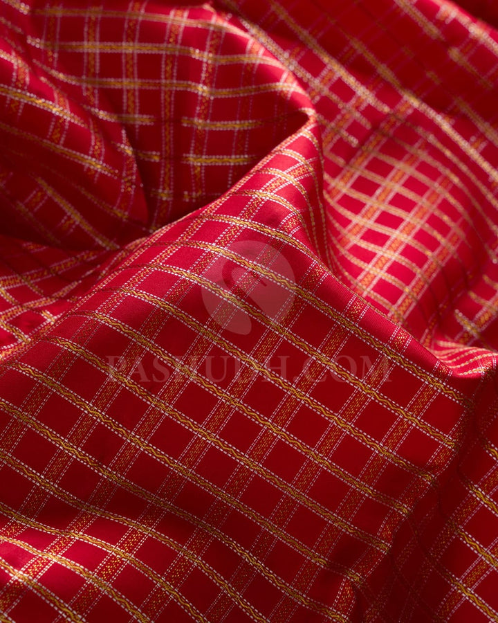 Bright Red& Half-White Kanjivaram Silk Saree With Traditional Kattams And Rudhraksh Motifs- RV3
