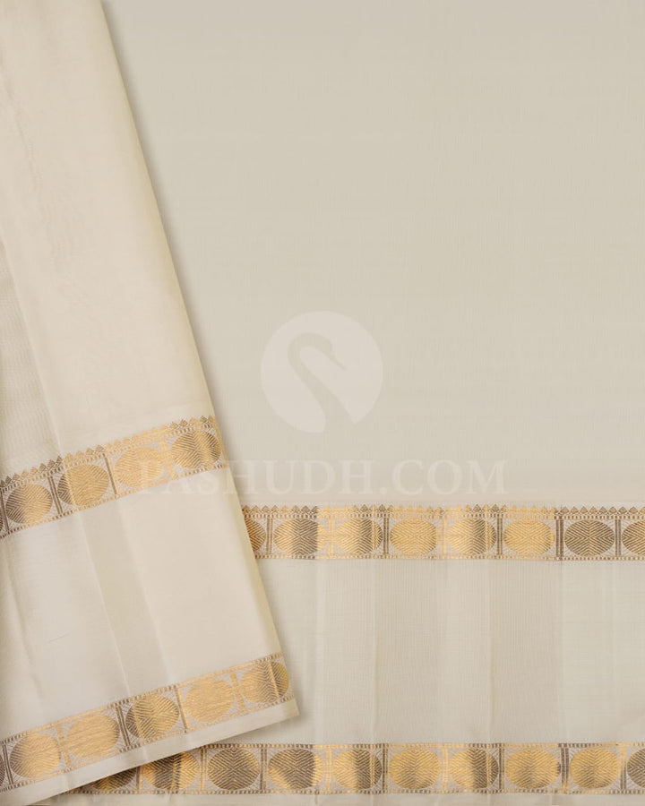 Bright Red& Half-White Kanjivaram Silk Saree With Traditional Kattams And Rudhraksh Motifs- RV3