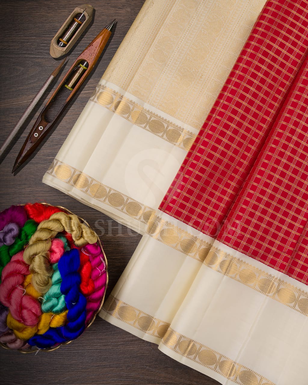 Bright Red& Half-White Kanjivaram Silk Saree With Traditional Kattams And Rudhraksh Motifs- RV3