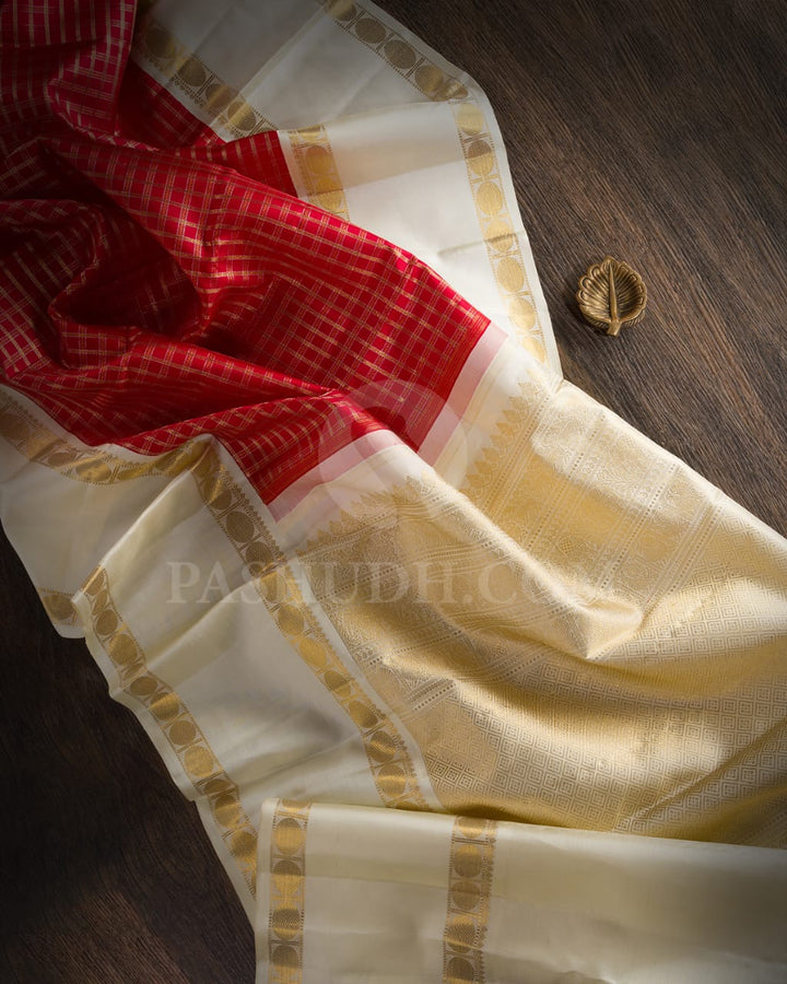Bright Red& Half-White Kanjivaram Silk Saree With Traditional Kattams And Rudhraksh Motifs- RV3