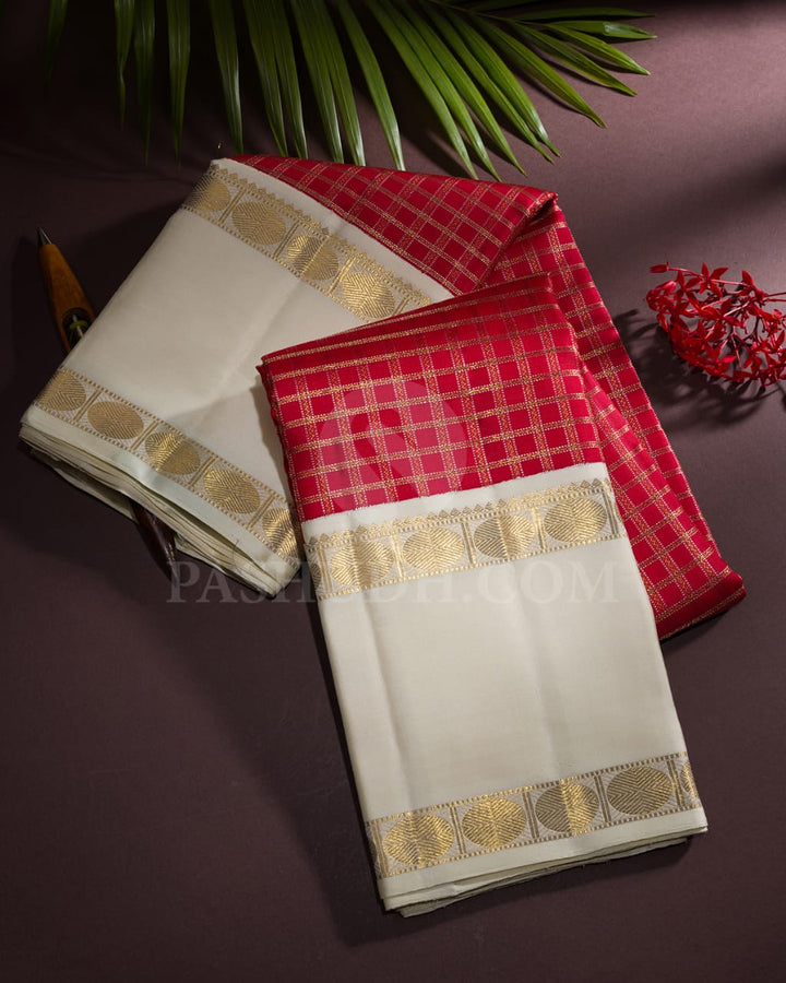 Bright Red& Half-White Kanjivaram Silk Saree With Traditional Kattams And Rudhraksh Motifs- RV3