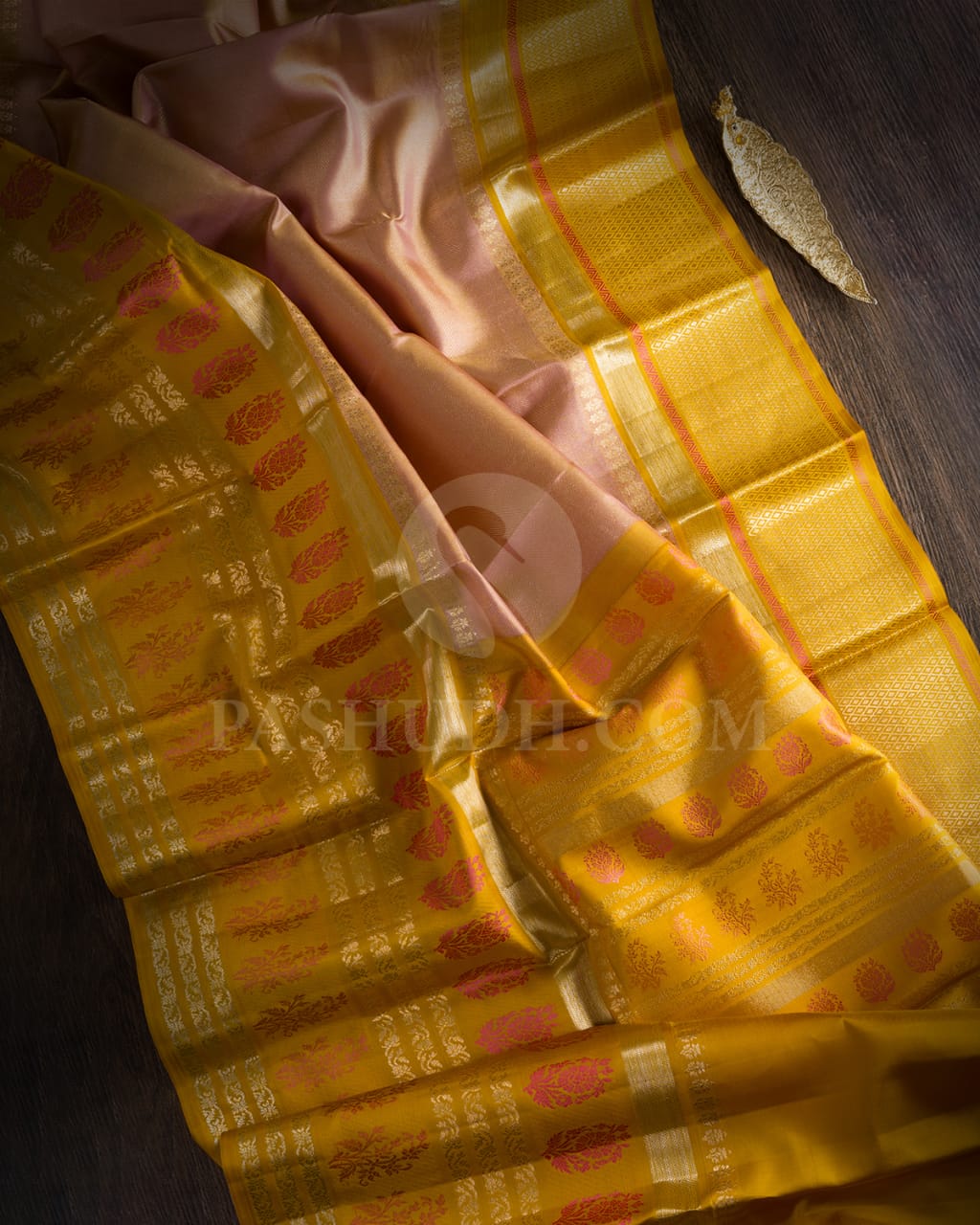 Mild Pink & Tuscany Yellow Kanjivaram Silk Saree - D618(A)