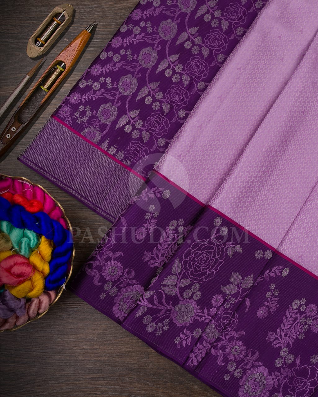 Lavender &Purple Kanjivaram Silk Saree With Meenakari Roses And Jaals - DJ344(D)