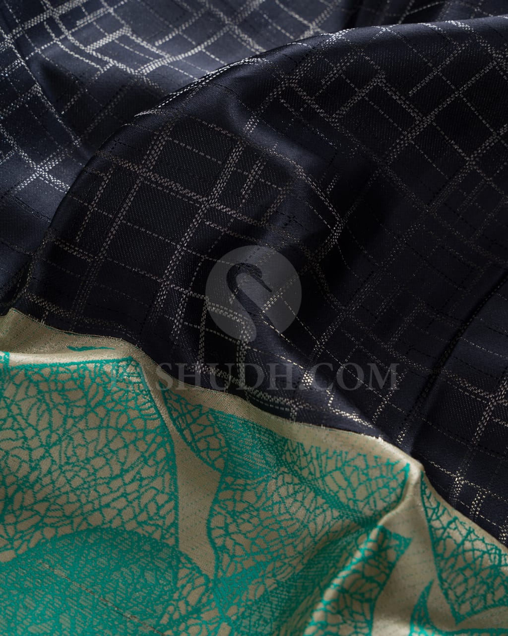 Dark Grey & Half White Silk Saree With Silver Zari & Sky Blue Leaf Patterns - D615(A)