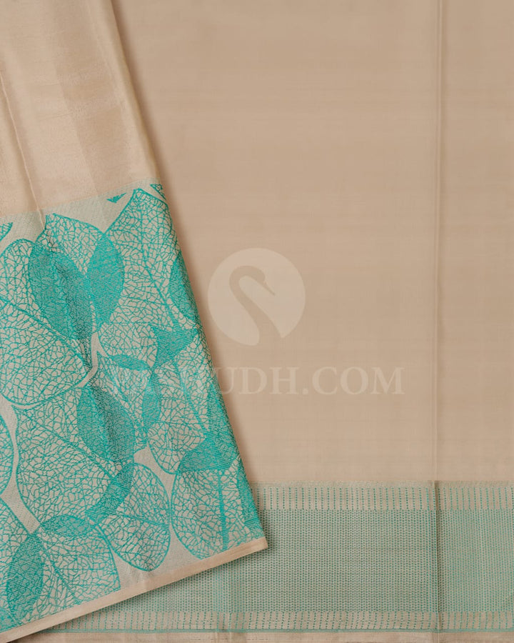 Dark Grey & Half White Silk Saree With Silver Zari & Sky Blue Leaf Patterns - D615(A)