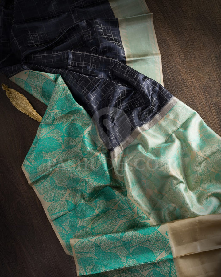 Dark Grey & Half White Silk Saree With Silver Zari & Sky Blue Leaf Patterns - D615(A)