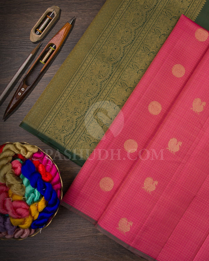 Thulian Pink & Dual shaded Green Traditional Borderless Kanjivaram Silk Saree - RM4