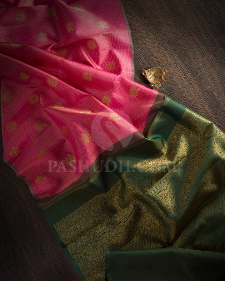 Thulian Pink & Dual shaded Green Traditional Borderless Kanjivaram Silk Saree - RM4
