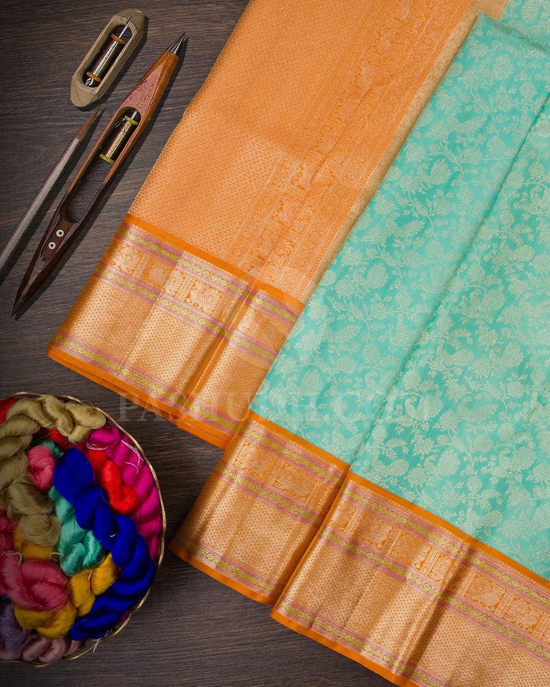 Mint Blue & Orange Kanjivaram Silk Saree - S1151(G)