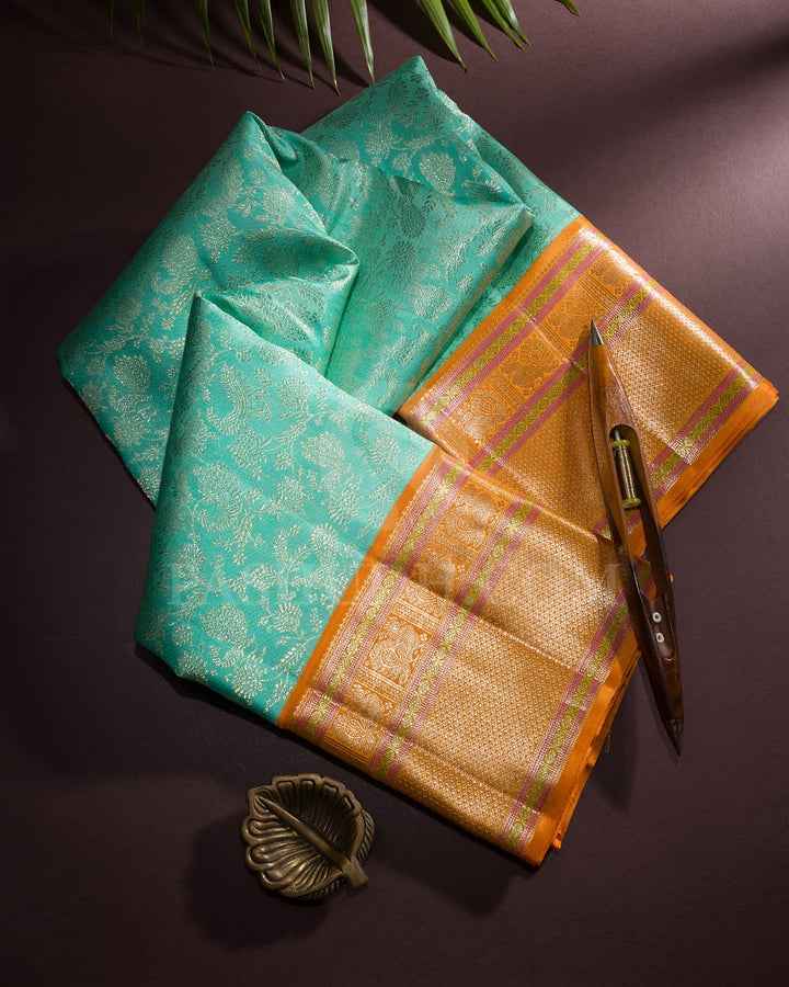 Mint Blue & Orange Kanjivaram Silk Saree - S1151(G)