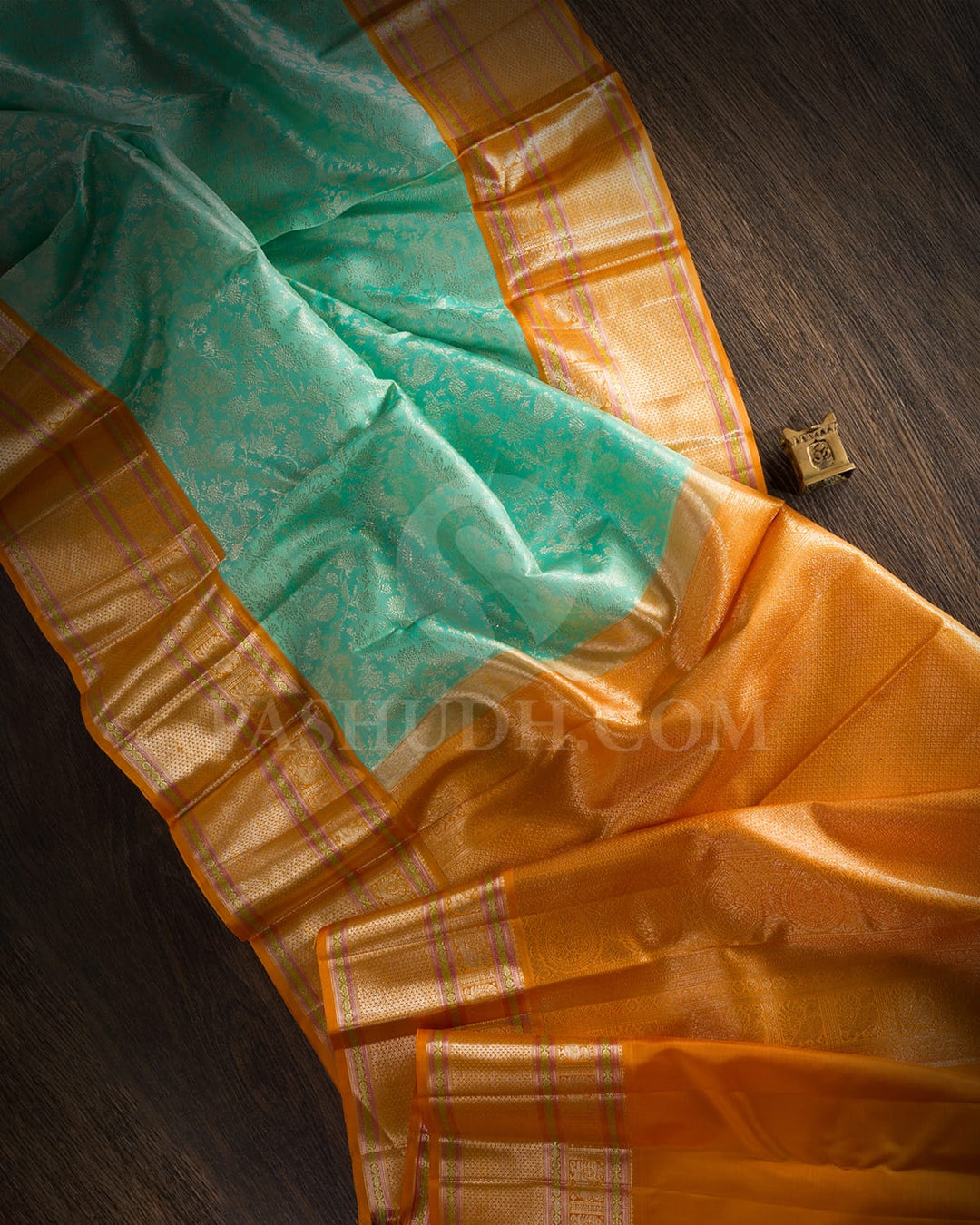Mint Blue & Orange Kanjivaram Silk Saree - S1151(G)