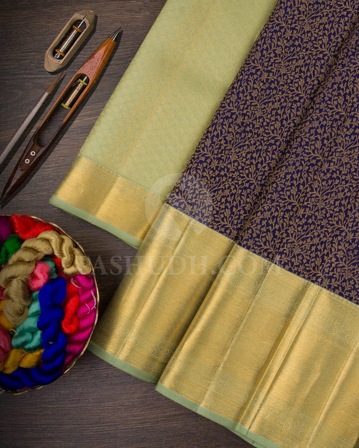 Navy Blue & Pista Green Kanjivaram Silk Saree - RD1