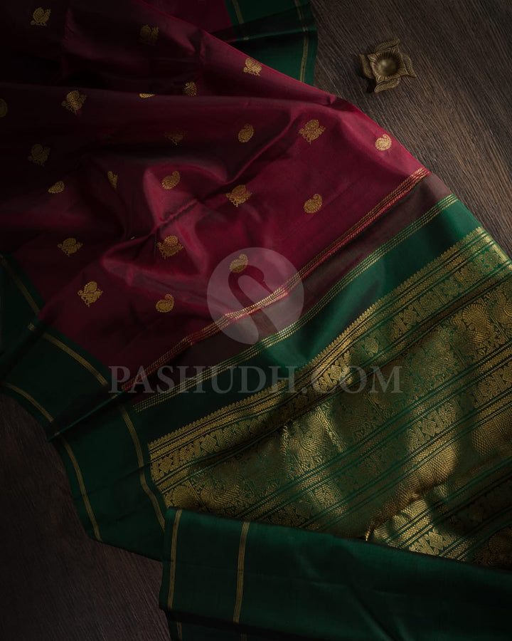 Majestic Maroon With Forest Green Kanjivaram Silk Saree - RM3