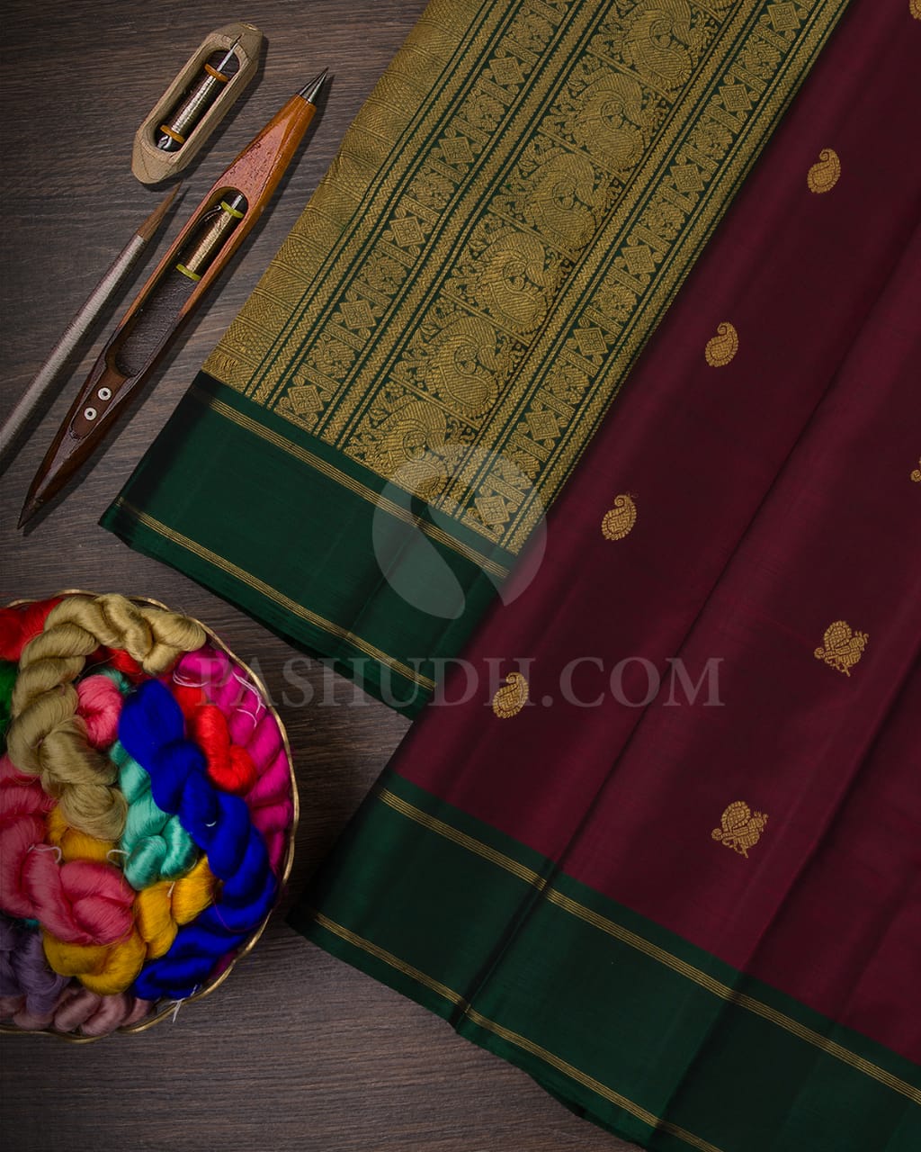 Majestic Maroon With Forest Green Kanjivaram Silk Saree - RM3