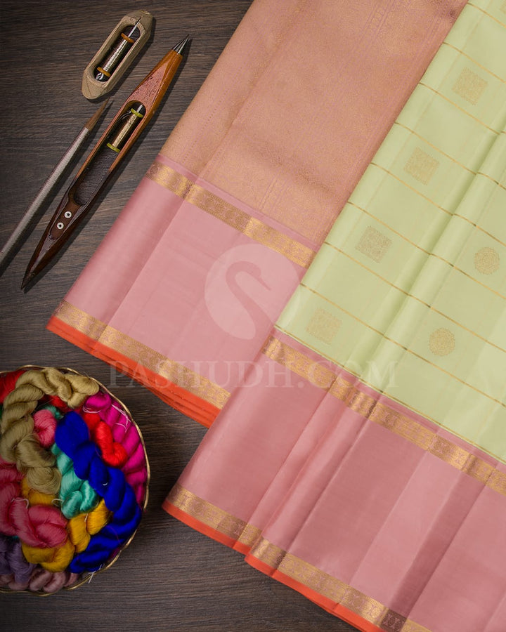 Pista Green and Light Pink Kanjivaram Silk Saree - RV5