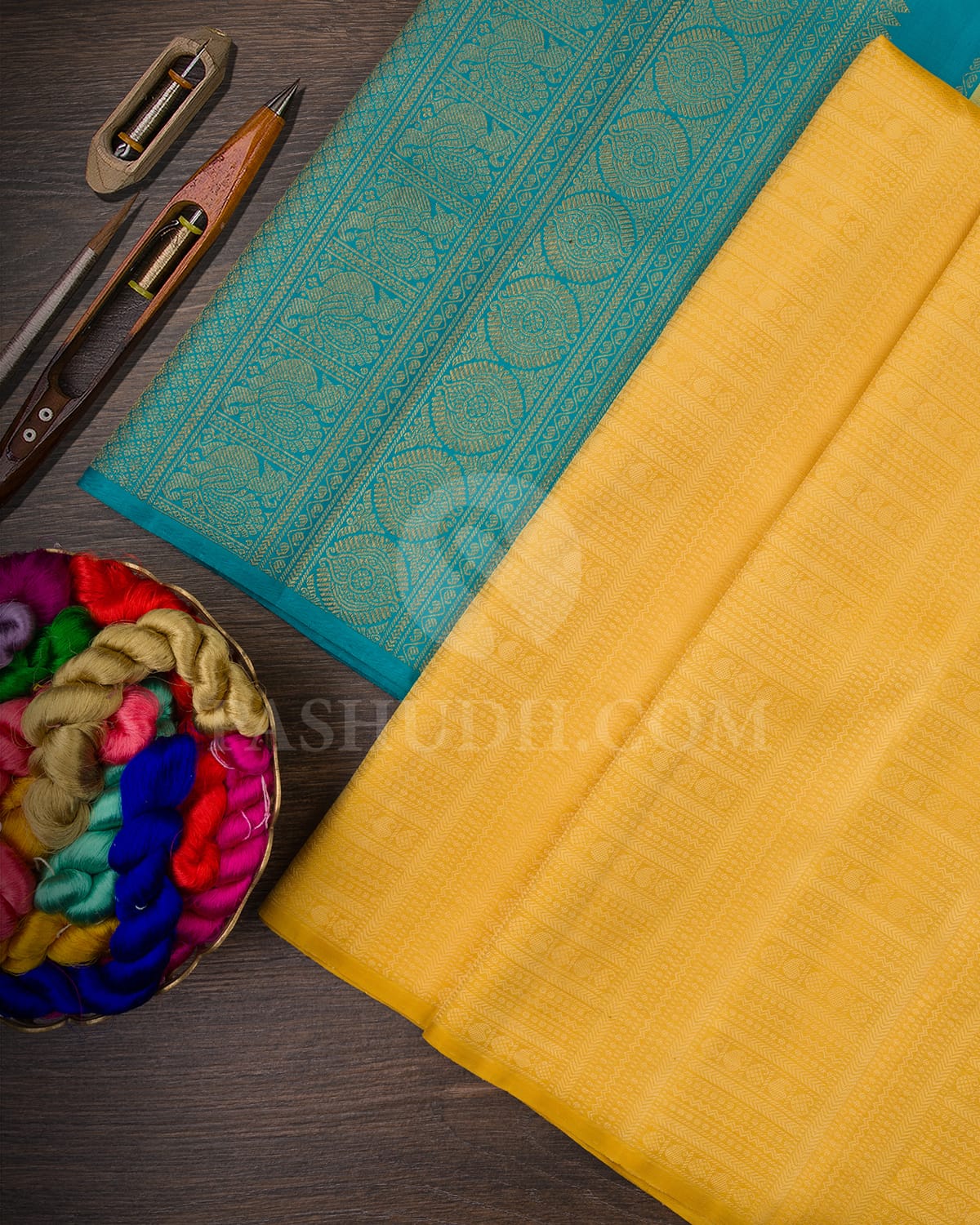 Yellow & Anandha Blue Traditional Borderless Kanjivaram Silk Saree - RB6