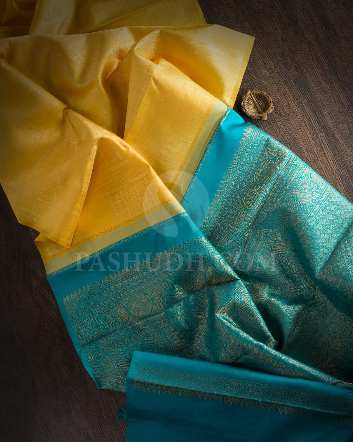 Yellow & Anandha Blue Traditional Borderless Kanjivaram Silk Saree - RB6